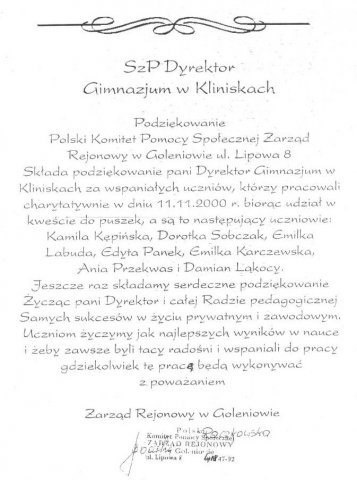 Dyplom uznania dla szkoły w Kliniskach